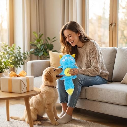 Cute Monster Plush Dog Toy with Squeaky Ball, Crinkle Paper, Treat Dispenser & Washable Design, Interactive Stuffed Chew Toy for Small Medium Dogs, Puppy Teething Toy (Blue)