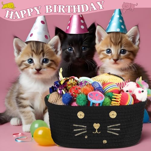 Zopeal 58 Pcs Summer Cat Storage Basket Gift Toys Set, Colorful Flashing Balls Pet Bell Crinkle Balls Spring Toys Attract Cat to Swat, Hunt, Interactive for Pet(Black,9.8 Inch)