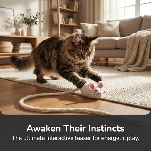 Glaciart One XXL Felt Mouse Cat Toy – 6” Body + 98” Tail – Large Cat Enrichment Toy – 100% Natural Wool with Catnip – Interactive Teaser for Big Cats – Safe Non-AZO Dyes