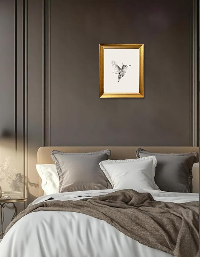 Hummingbird Sketch Wall Art Vintage Gold Framed Artworks for Wall Bird Nursery Canvas Print Neutral Minimalist Picture Painting Bedroom Living Room Decor
