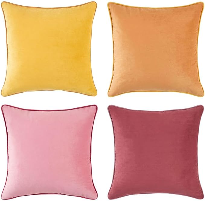 MONDAY MOOSE Decorative Throw Pillow Covers Cushion Cases, Set of 4 Soft Velvet Modern Double-Sided Designs, Mix and Match for Home Decor, Pillow Inserts Not Included (22x22 inch, Yellow/Pink)