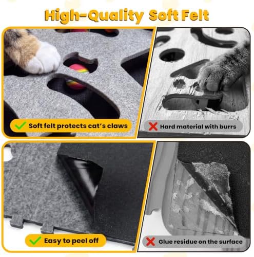 5-in-1 cat nail file scratcher Enrichment Box - interactive cat toys for indoor cats, Large felt cat puzzle feeder with replaceable sandpaper, Includes 6 balls ,4 spring toys,and feather toy(grey)