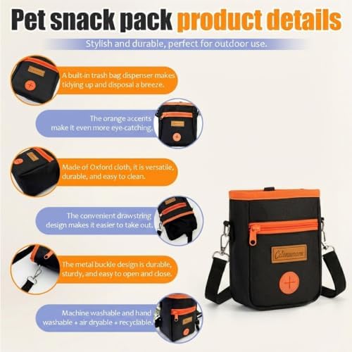 Dog Treat Pouch for Training and Walking, Water-Resistant Puppy Snack Bag with Poop Bag Dispenser, Adjustable Shoulder Strap and Waist Clip, Large Capacity Treat Holder, Black & Orange