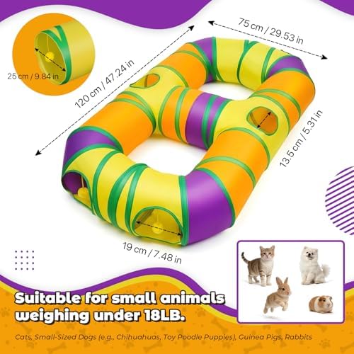 Cat Tunnel for Indoor Cats 8-Shaped, Collapsible Cat Playhouse Pet Play Tunnel Tube Maze with Hanging Pom-poms and Interactive Hole for Kitten, Kitty, Puppy, Rabbits, Ferret, Guinea Pig