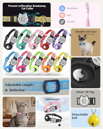 Cat Collar with AirTag Holder, QR Code Tag and Bell (Purple, Paw)