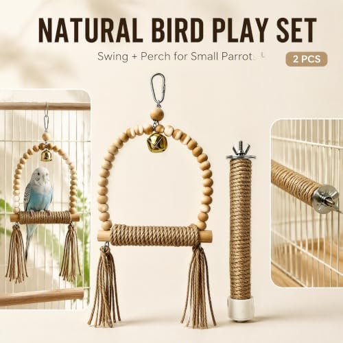 Natural Wood Bird Swing Toy with Hemp Rope Perch for Small Parrots