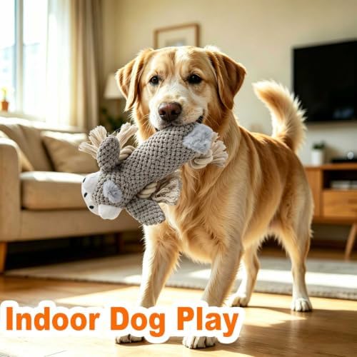 Gray Dog Plush Chew Dog Toy, 9.8 in, Squeaker and Rope