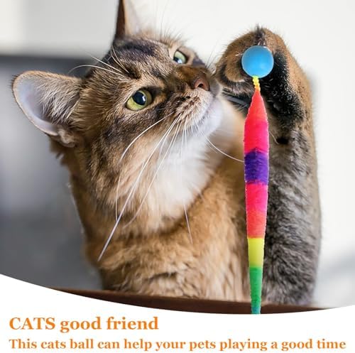 Bouncy Ball with Tail Cat Toys,5 Packs Rainbow Large Magic Worm with Ball Toy for Cats,Colorful Fuzzy Worm Bouncy Balls Cat Toy