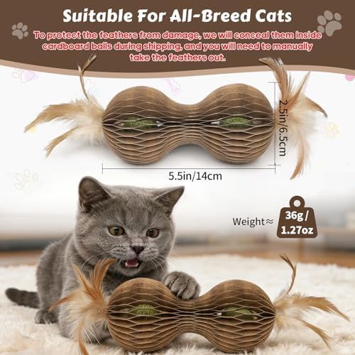 Catnip Ball Toys for Indoor Cats Dumbbell-Shaped Cardboard Toy with 2 Catnip Balls & Feather Ends for Interactive and Independent Play, Exercise & Stress Relief Cat Toys for Kitten All Breeds and Ages
