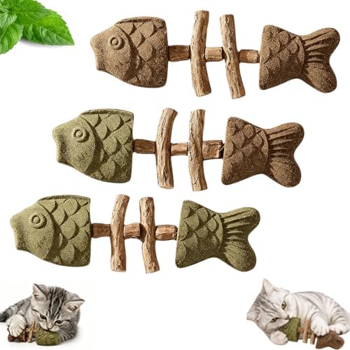 3PCS Catnip and Silvervine Chew, Creative Fish Bone Cat Dental Chew Toy, Fix Cat Dental Health, Durable Wooden Feline Tooth Care Tool