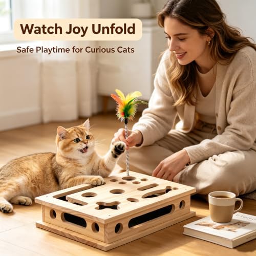 Cat Nail File Box, Solid Wood Scratch Puzzle Enrichment Toy, Hunting Play for Indoor Cats, Reduces Anxiety, Sharpens Claws Naturally