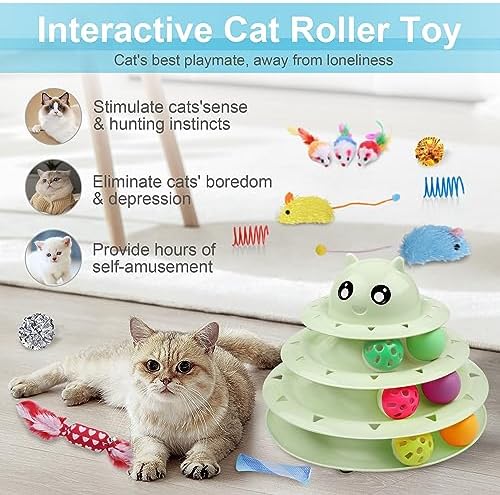 UPSKY 24 PCS Cat Toys Set with Teaser, Mice, Spring, and Various Ball Toys | Puzzle Kitten Toys, Sturdy Structure, Detachable Design, Easy to Assemble, Anti-Slip, Reduces Boredom for Indoor Cats
