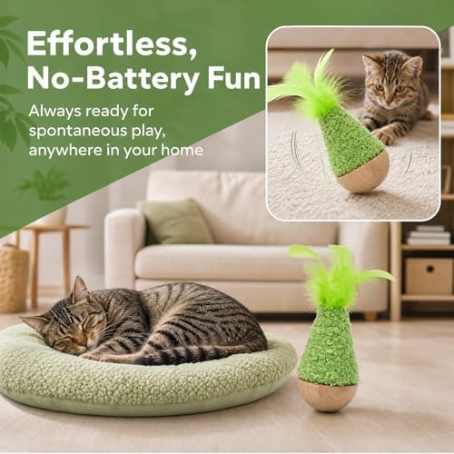 Wooden Wobble Cat Toy for Indoor Kitten, Interactive Tumbler Cat Toy for Small Medium Cats (Green)