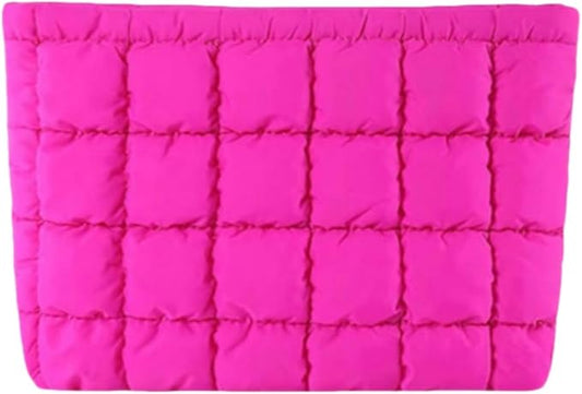 Soft Checkered Quilted Puffy Makeup Bag for Women, Aesthetic Puffer Cosmetic Bag Pouch for Purse (Hot Pink)