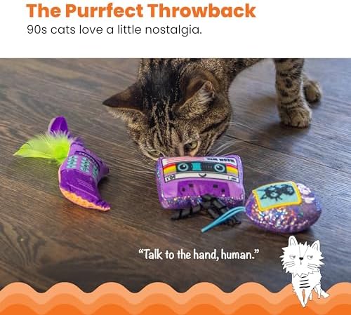 Catstages So Meowsome 90s Cat Toys, 3-Pack Catnip Plush Toys with Crinkle, Feathers & Dental Mesh, Multicolored