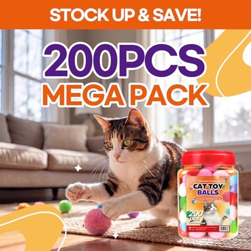 200Pcs Cat Toy Plush Balls - 1.2" Soft Pom Poms in Jar for Indoor Cats