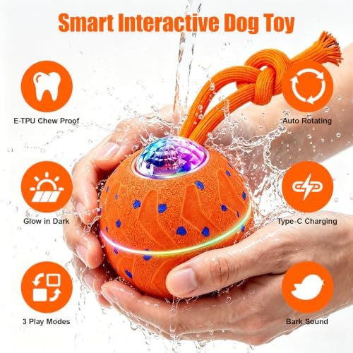 Smart Interactive Dog Toy Ball, Dog Enrichment Toys, Dog Barking Ball, E-TPU Material, Electric Automatic Moving and Rolling Dog Toy with Rope for Small, Medium, Large Dogs Boredom.