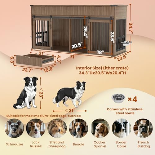 Large Dog Crate Furniture for 2 Dogs, Wood, White TV Stand with 4 Doors and 4 Storage Drawers, Removable Divider, Indoor Kennel for Medium and Large Dogs (71inch White Fluted Dog Crate)