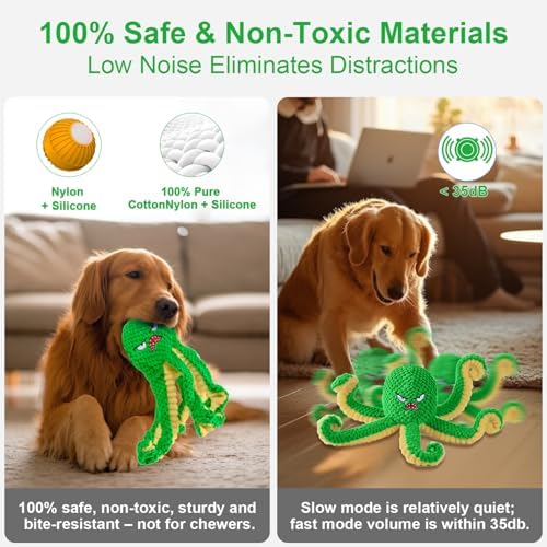 Interactive Dog Toys Octopus,Durable Automatic Jumping Dog Toy to Keep Them Busy,Squeaky Moving Tug of War Doggie Toy,USB Rechargeable,Not for Aggressive Chewers (Green) | Durable Squeaky Tug of War Dog Toy for Small/Medium/Large Dogs,USB Rechargeable,...