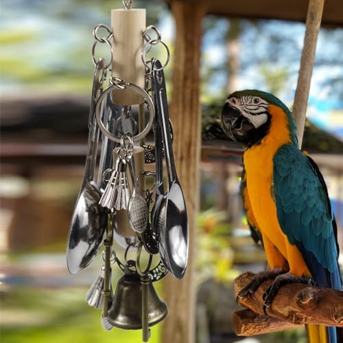 Kenkont Metal Spoon Bell Parrot Toy, Hanging chew Toy