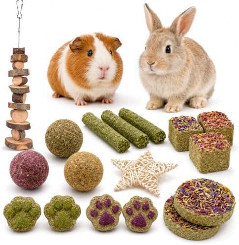 Grddaef Rabbit Toys, Guinea Pig Toys 17Pcs Natural Timothy Hay Bunny Chews and Treats for Hamster Chinchilla Gerbil