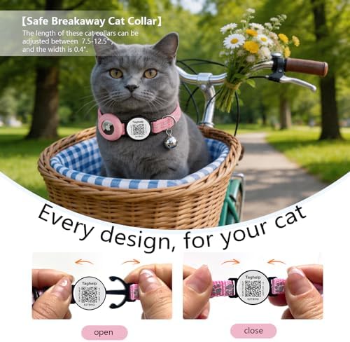 Reflective Kitten Collar Breakaway Apple Air Tag Cat Collar, GPS Cat Collar with AirTag Holder and Bell, Lightweight Tracker Collars for Girl Boy Cats Puppies (Pink)