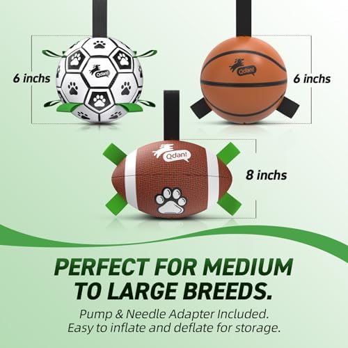 QDAN Dog Soccer Ball Football Basketball Set - 3 PCS Dog Balls with Strap for Tug of War, Soccer Ball Football Toys for Small Medium Large Dogs, Herding Ball for Dogs, Dog Birthday Toy