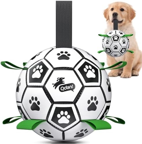 QDAN Dog Toys for Small Medium Puppy, Soccer Ball for Dogs with Straps