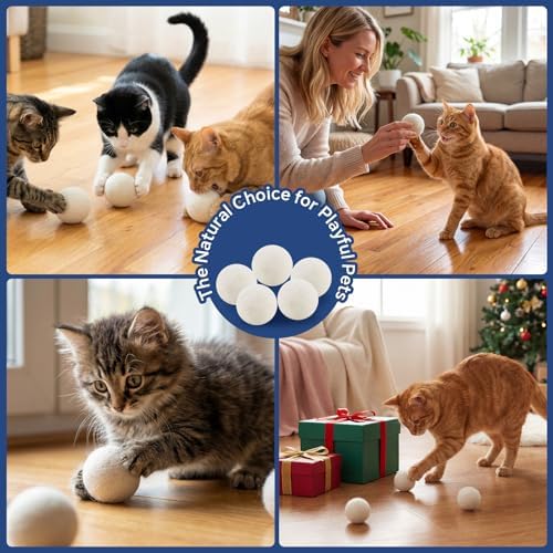 Wool Cat Balls 6 Pack, 100% New Zealand Handmade Wool Felt Cat Toys Balls 2 Inches, Kitten Toys Cats for Indoor Play & Exercise (6 Pack,Natural White)