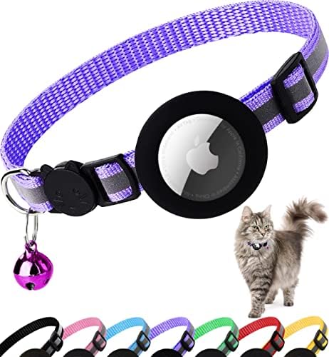 Airtag Cat Collar Breakaway, Cat Collar with Air Tag Holder, Purple | Safety Breakaway Buckle, Airtag Holder,Reflective Strip,Bell,Adjustable Size to Fit Different Cats kitten,Lightweight
