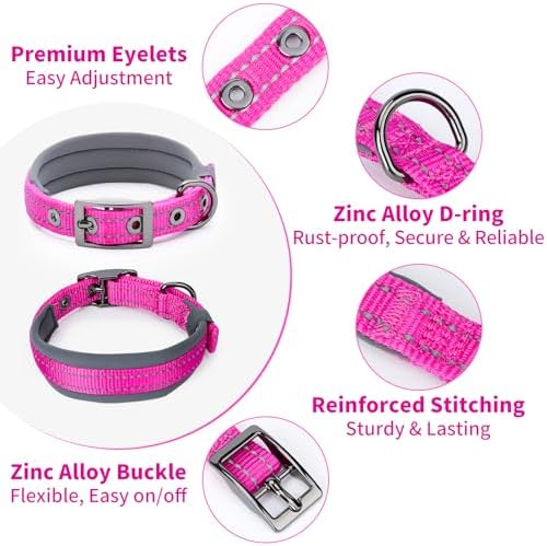 Segarty Reflective Dog Collar for Small Dogs, Adjustable Wide Soft Comfortable Breathable Neoprene Padded Nylon Collar with Heavy Duty Metal Buckle for Pet Puppy Small Breeds (S, Hot Pink)