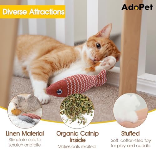 Catnip Fish Cat Toys 3 Pack – Interactive Linen Kicker Toys with Organic Catnip, Durable Bite and Scratch Play for Indoor Cats, Stress Relief and Hunting Instincts