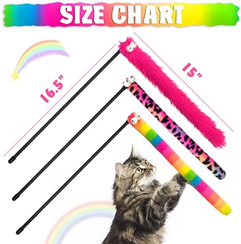 Cat Wand Toys with Bright Furry Critter Tails and Bells, 3-Pack