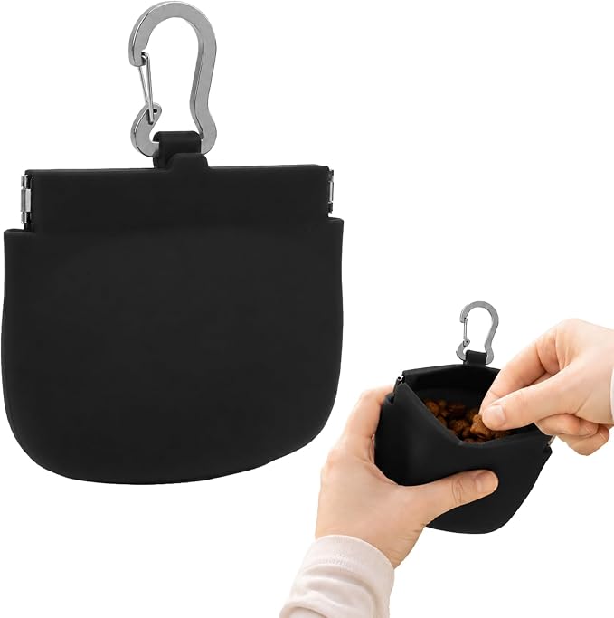 Silicone Dog Treat Pouch for Pet Training One-Hand Access One Cup Silicone Treat Bag with Pull Tab and Auto Closing Lid Treat Pouches for Leash(Color: Black)