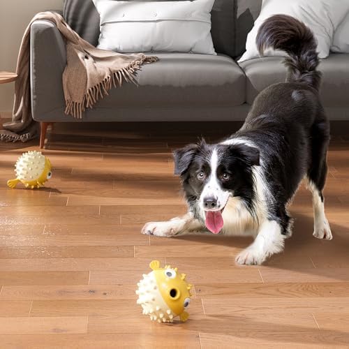 Dog Balls with Bell Sound, Interactive Dog Toys,Treat Dispensing Dog Toys, cat Toys Balls，Rubber Elastic Ball Toys for Small/Medium/Large Cat and Extra Small/Small Dogs (Yellow)