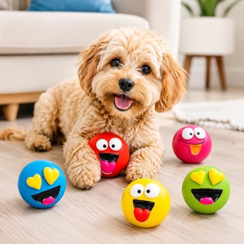 5-Pack Latex Dog Toys – Durable Squeaky Emoticon Design for Small and Medium Dogs, Interactive Chew and Fetch Play Set for Exercise and Training