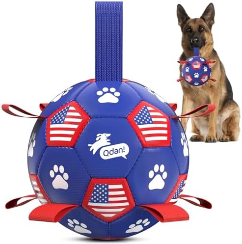 QDAN Dog Balls with Straps, Large Herding Balls for >90lbs Dogs, Soccer Toy | 9 Inch Soccer Ball for Dogs with Tabs for Outside Play, High Energy Dogs to Keep Them Busy, Interactive Tug Toy for Training