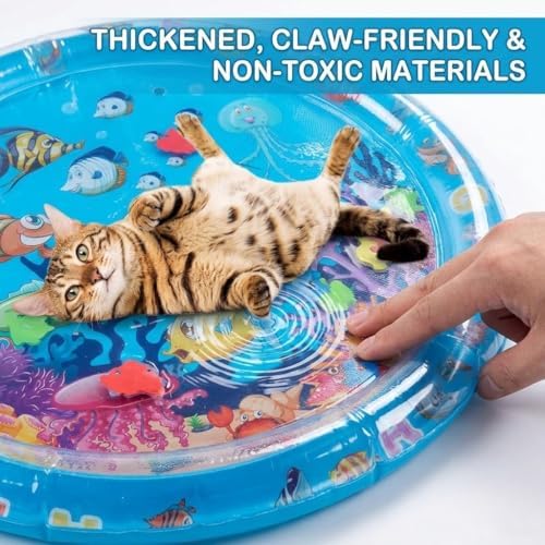 Cat Water Mat with Fish- Thickened Cat Sensory Water Play Mat Toy, Indoor Pet Water Bed Play Mat-Round