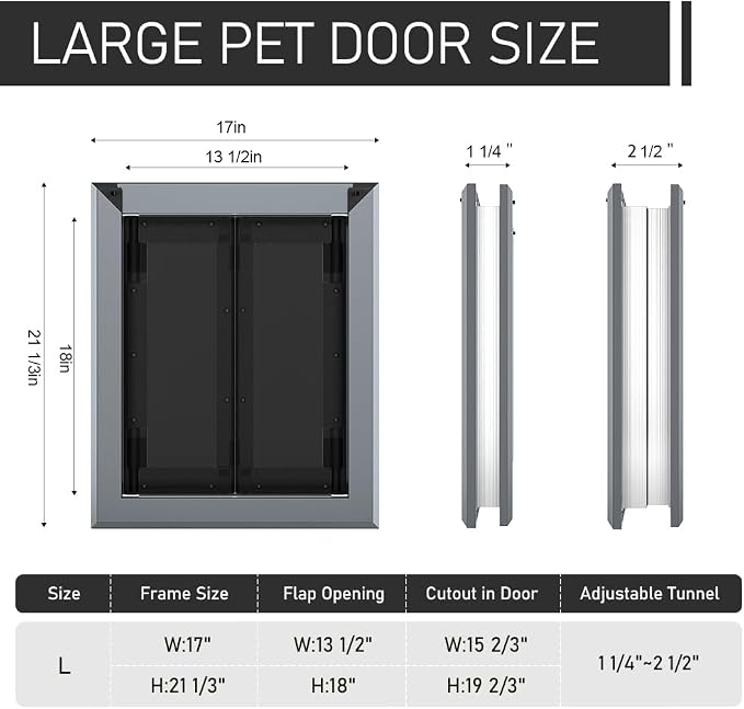 Aluminum Large Dog Door for Door, Fits Dogs Up to 110 LBS,Gray | French Style Heavy Duty Pet Door, Double Magnetic Flaps, Telescoping Tunnel, Solid Aluminum Frame Fits Dogs Up to 110 LBS