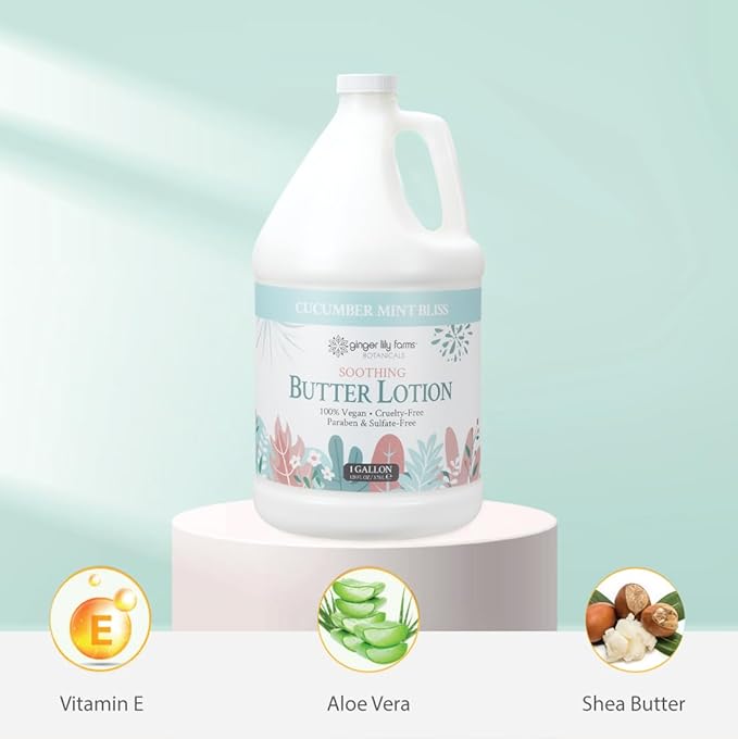 Ginger Lily Farms Botanicals Soothing Butter Lotion for Dry Skin, 100% Vegan & Cruelty-Free, Cucumber Mint Bliss Scent, 1 Gallon (Pack of 4)