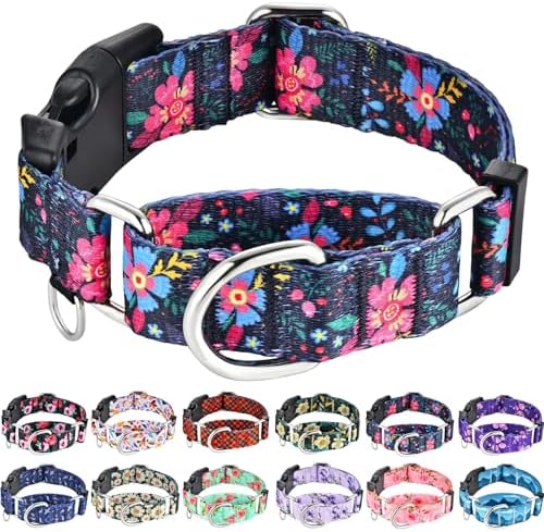 Martingale Collar for Dogs Floral Dog Collars for Small Medium Large Dogs with Buckle Adjustable Soft Nylon Dog Collar (Blue Pink Flower, Medium)