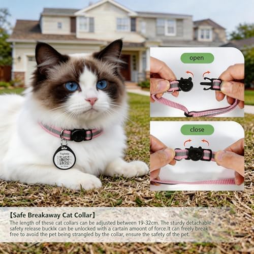 Reflective Cat Collar Breakaway with QR Code Tag for Girl Boy cat Name tag Kitten Collars with Bell Cat ID Tag Personalized Real-time scan alerts. (Pink)