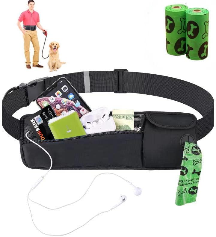 Dog Walking fanny pack waist Bag/Pouch/Belt Dog Treat Training Waist Belt Storage pack Cellphone Holder Storage Pocket Waste Bag Dispenser reflection strips FREE 30 poop bags (All Black)