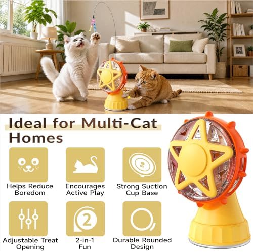 Interactive Cat Toy for Indoor Cats, Treat Dispenser with Reusable Adhesive Base, Feather & Plush Teasers for Exercise and Independent Play