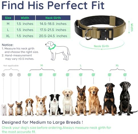 Premium Tactical Dog Collar - Adjustable Military Heavy Duty Dog Collar for Medium Large Dogs - Durable Metal Buckle Dog Collar with Leather Control Handle and Soft Comfortable Padding