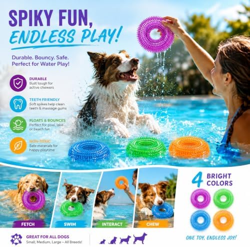 Dog Chew Toys for Aggressive Chewers, Squeaky Floating Donut Rings, 4 Pack