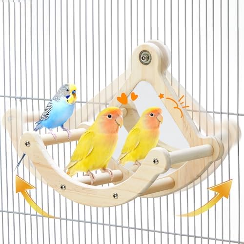 Rocking Bird Perch Toy with Mirror for Cage, Enrichment Parakeet Toys