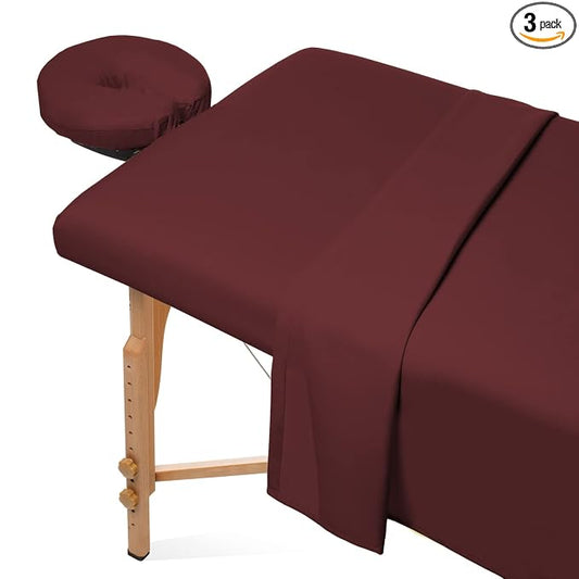 Saloniture 3-Piece Microfiber Massage Table Sheet Set - Premium Facial Bed Cover - Includes Flat and Fitted Sheets with Face Cradle Cover - Burgundy