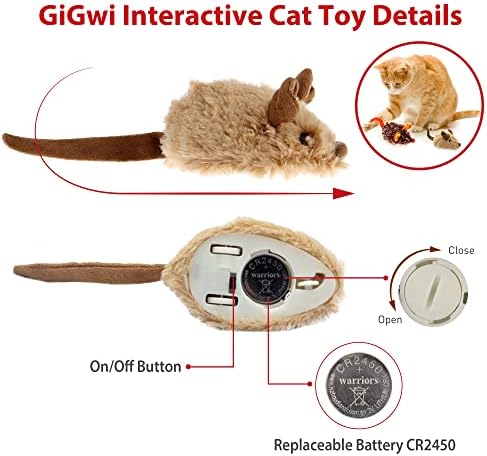 Gigwi Interactive Cat Toys for Indoor Cats, Cat Mouse Toys 2 Pcs with Electronic Realistic Squeaky Sound, Automatic Moving Kitten Toys Electric Mice Toy Self Play Exercise(Brown & Orange Ears)