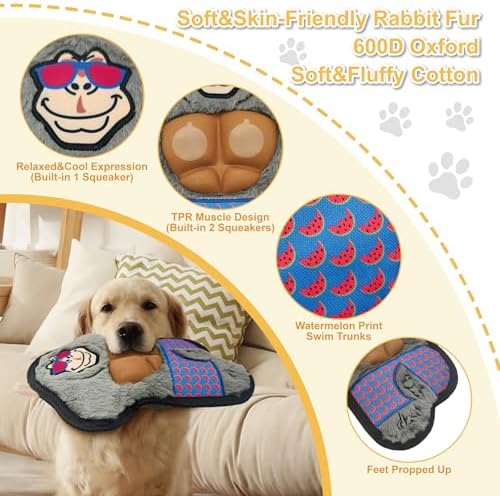 11.42 Inch Grey Gorilla Squeaky Dog Toy with TPR Muscles, Plush Chew Toy for Puppy Teething, Interactive Tough Toy for Small Medium Large Dogs